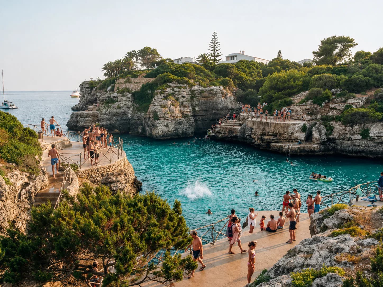Cala en Brut a Menorca amb joves banyant-se a l'aigua turquesa